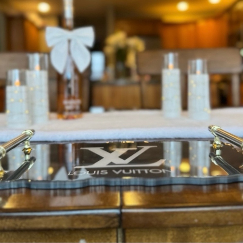 LV “Handmade”Black and White Logo Decorative Serving Tray with Gold Handles. - Picture 4 of 12